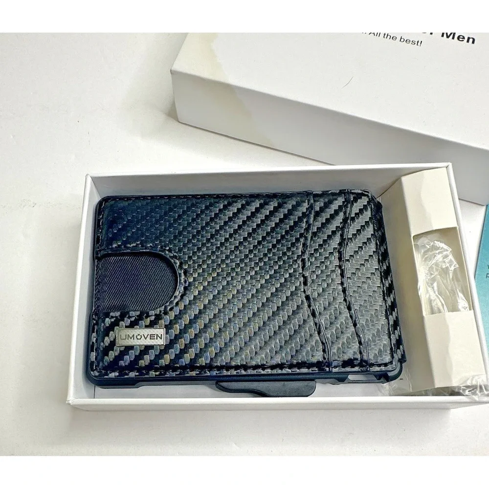 UMOVEN RFID Blocking Minimalist Wallet Carbon Fiber Style Money Clip Front